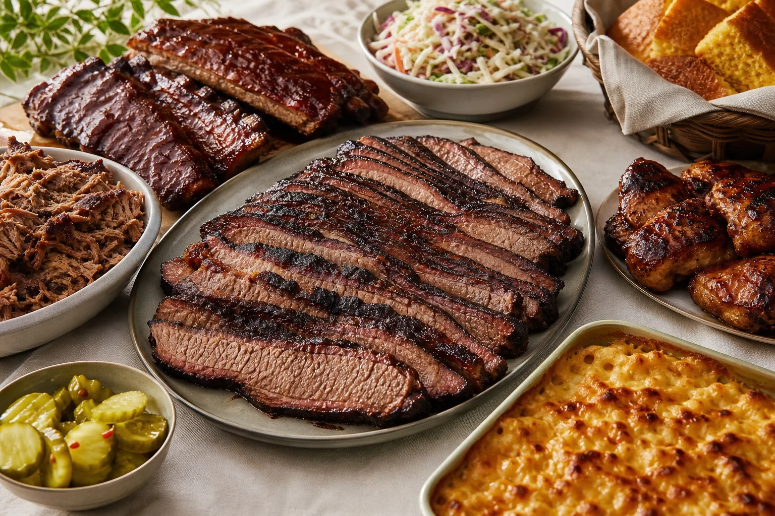 American BBQ catering buffet with brisket, ribs and classic sides