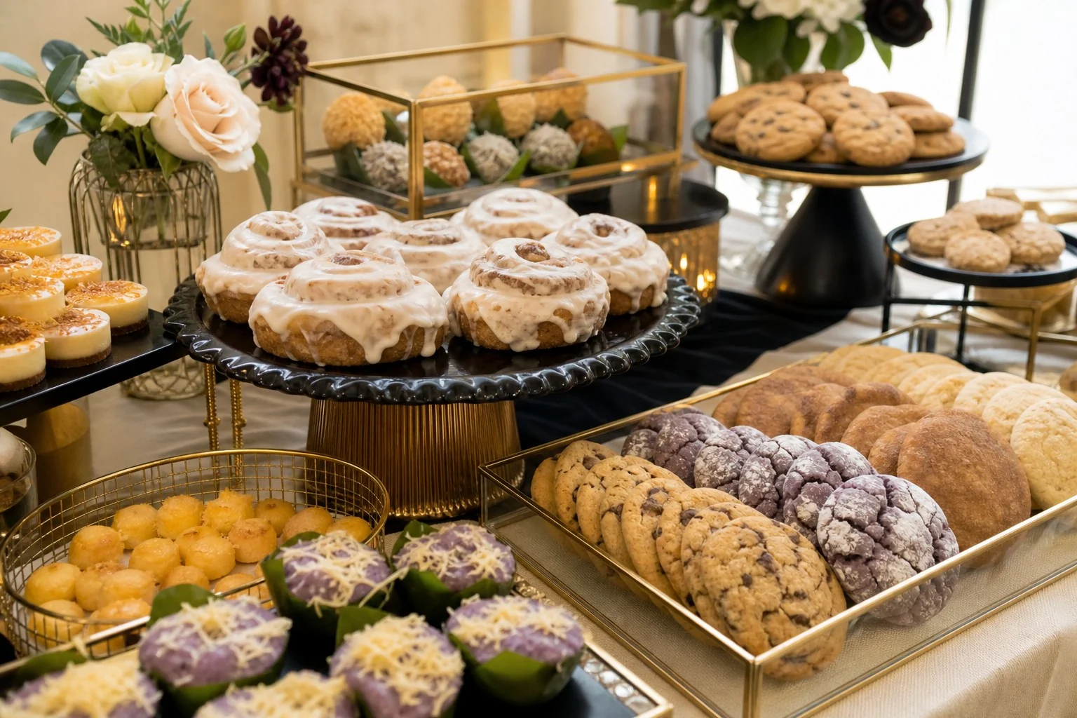 Sweet Label dessert station with cinnamon rolls and assorted cookies
